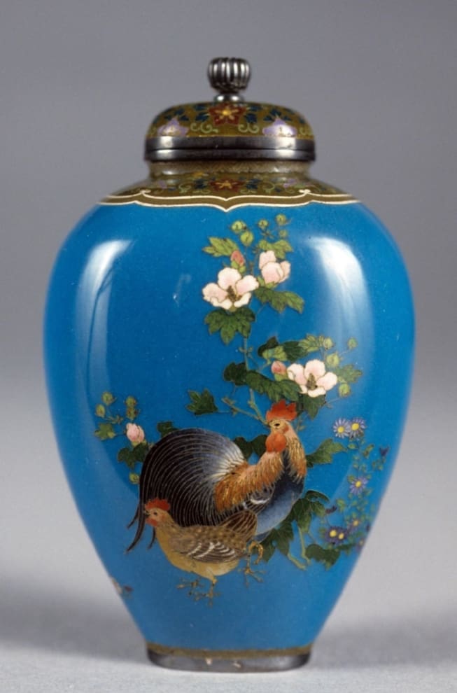 Jar and Lid with Design of a Rooster, a Hen, Two Butterflies, and Flowers, Philadelphia Museum of Art