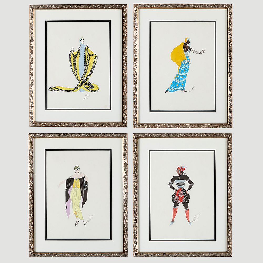 Set 4 Erte Art Deco Gouache Paintings