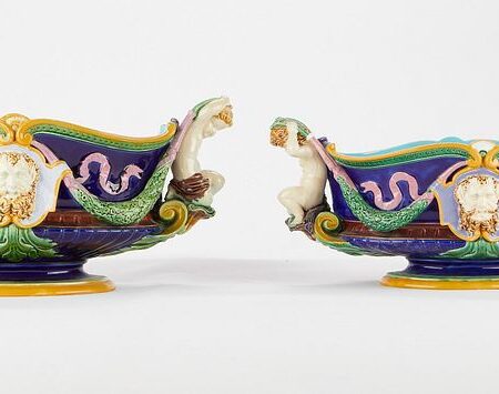 Pair of Minton Majolica Jardinieres w/ Satyrs & Putti