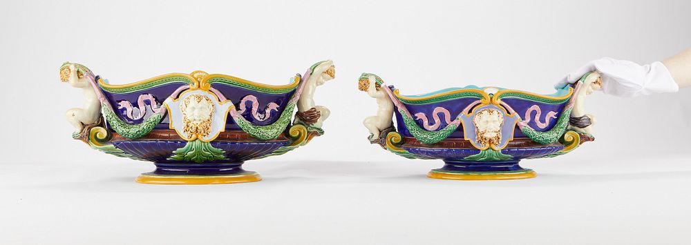 Pair of Minton Majolica Jardinieres w/ Satyrs & Putti