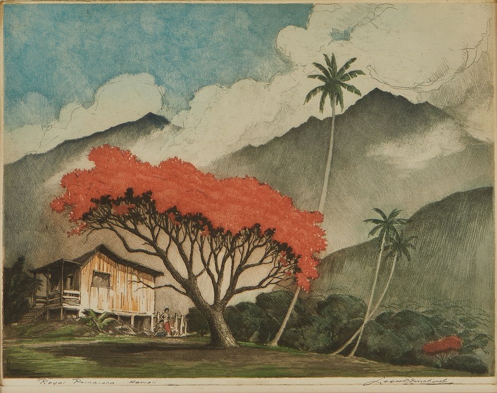 Leon Pescheret Aquatint "Royal Poinciana, Hawaii"