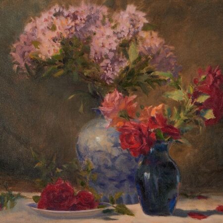 Jeff Otis Indian Hawthorne and Roses Oil Painting