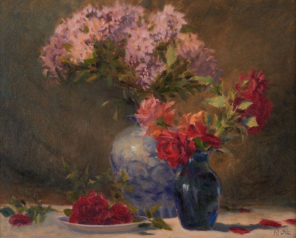 Jeff Otis Indian Hawthorne and Roses Oil Painting