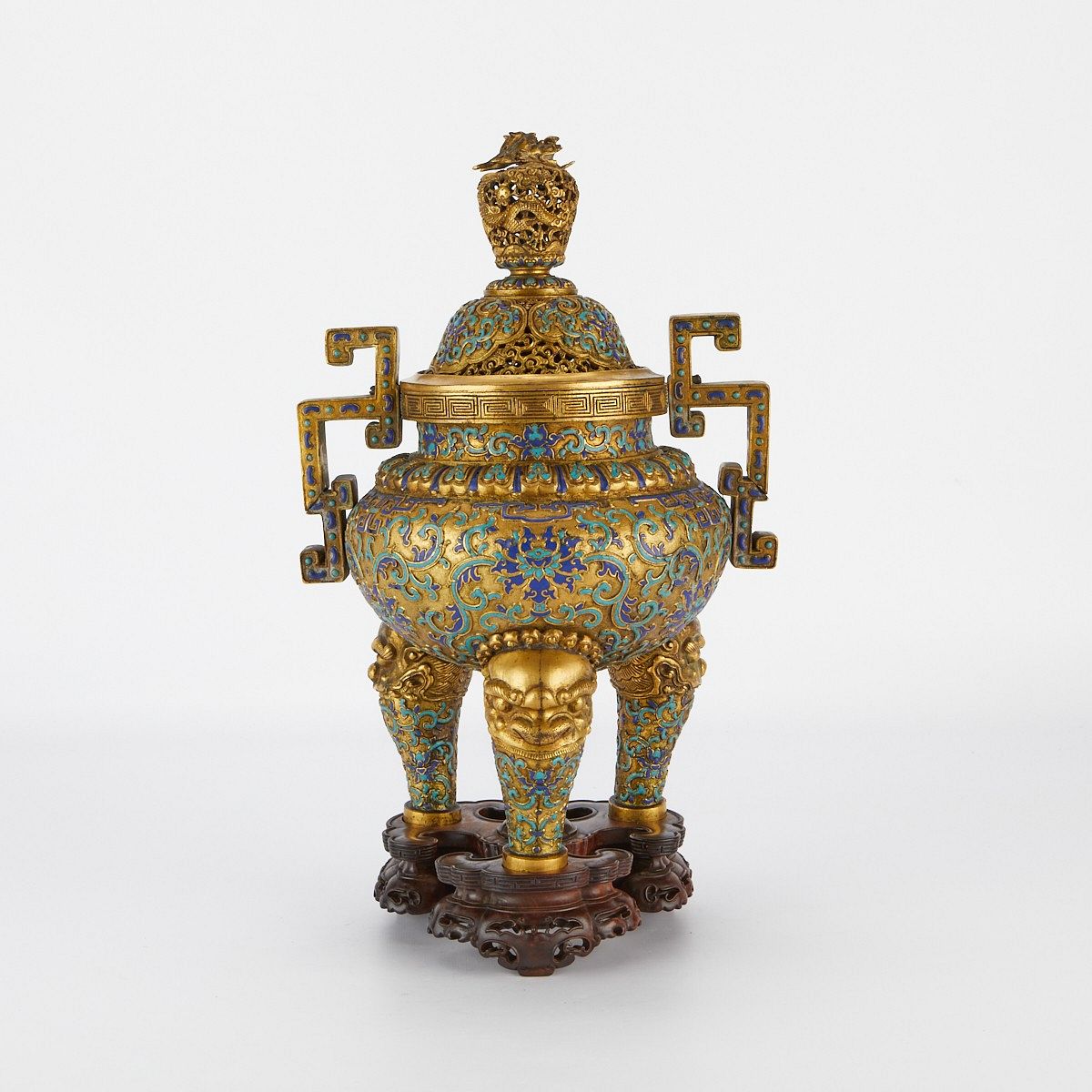 Chinese Enameled and Gilt Tripod Censer w/ Stand