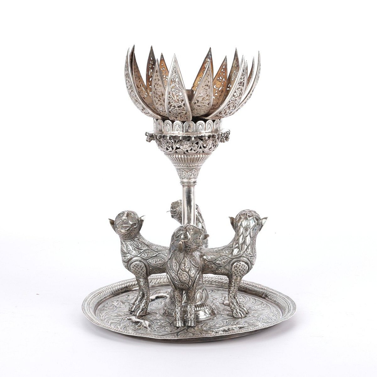 Silver Indian Lotus Incense Burner w/ Tray