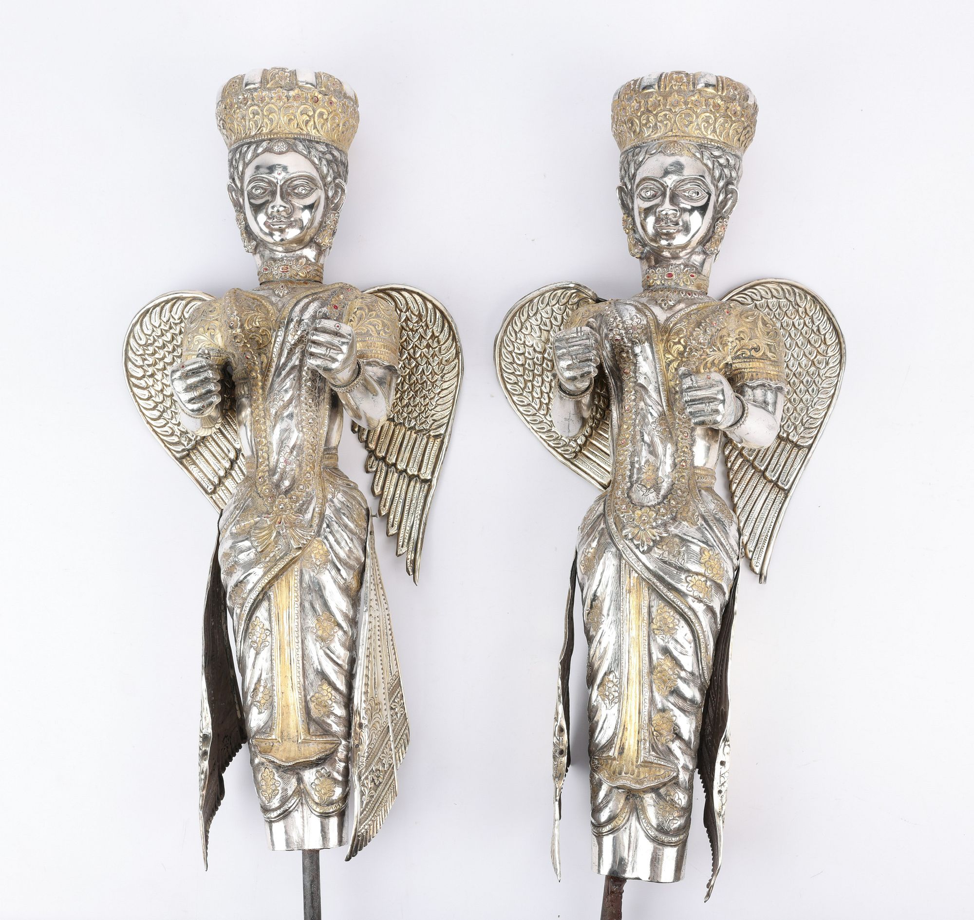 Pair of Large Silver Indian Winged Figures