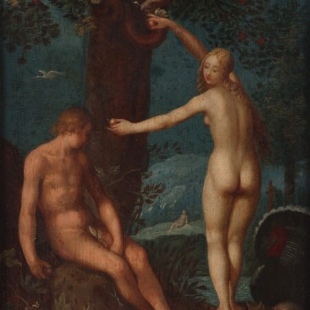 Attrib. Abraham Bloemaert "Eve Gives Adam the Fruit" Oil on Panel