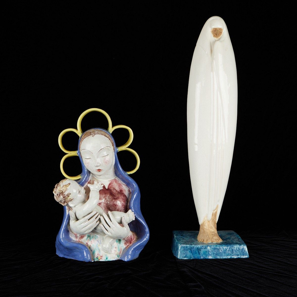 Two Faience Sculptures Mary and Child, Celine Lepage