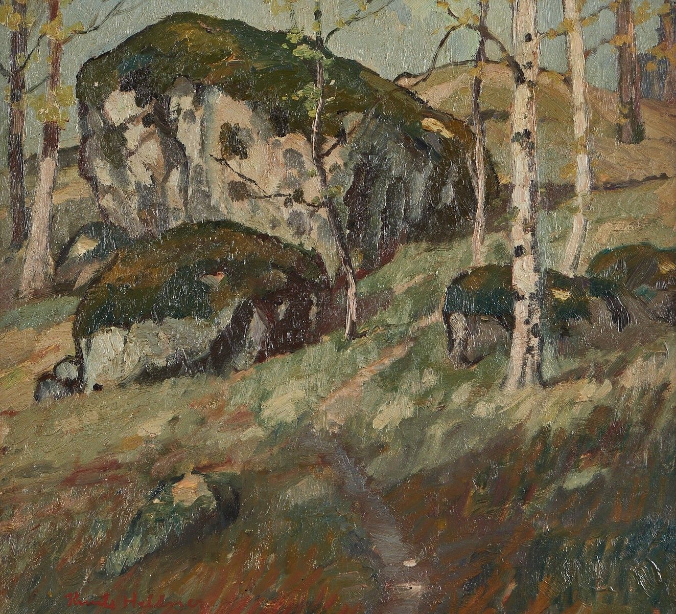 Knute Heldner "Moss Covered Rocks" Oil on Board