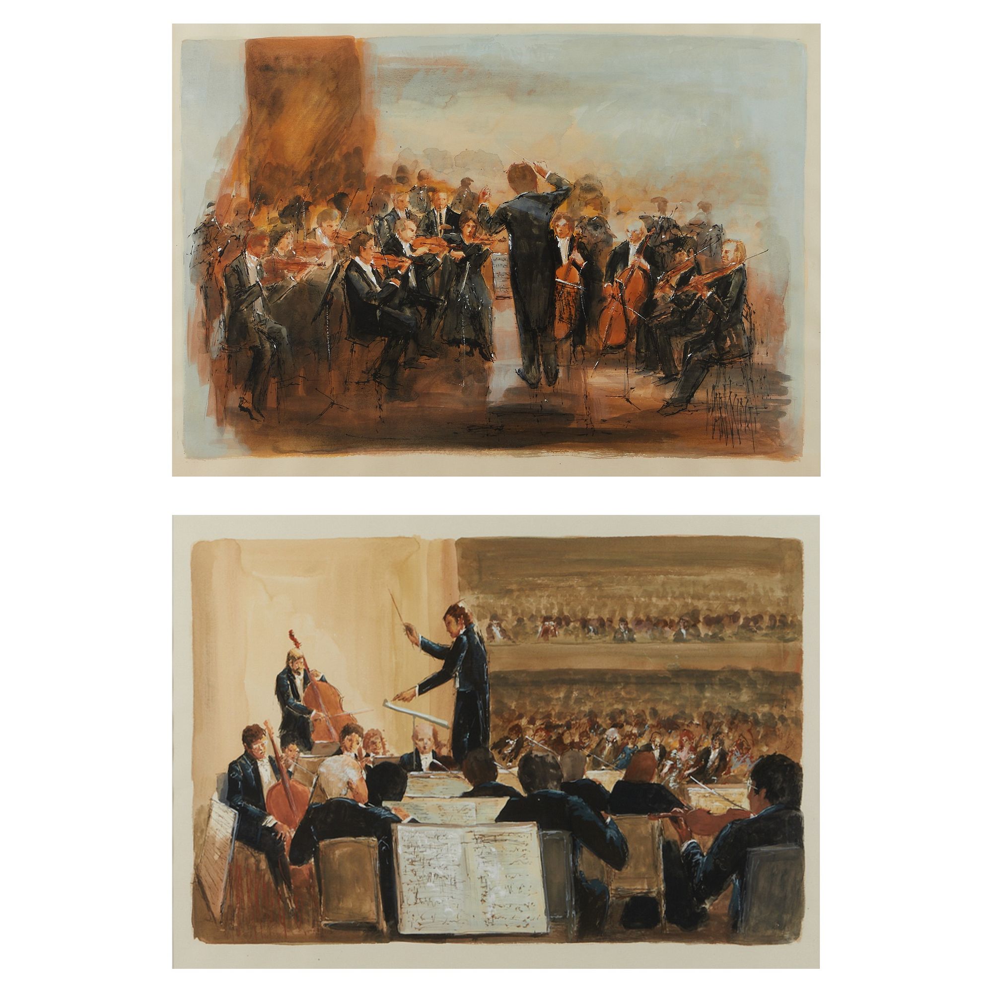 Two Mark King Orchestra Watercolor Paintings