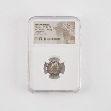 Roman Tiberius Lugdunum Denarius NGC AU