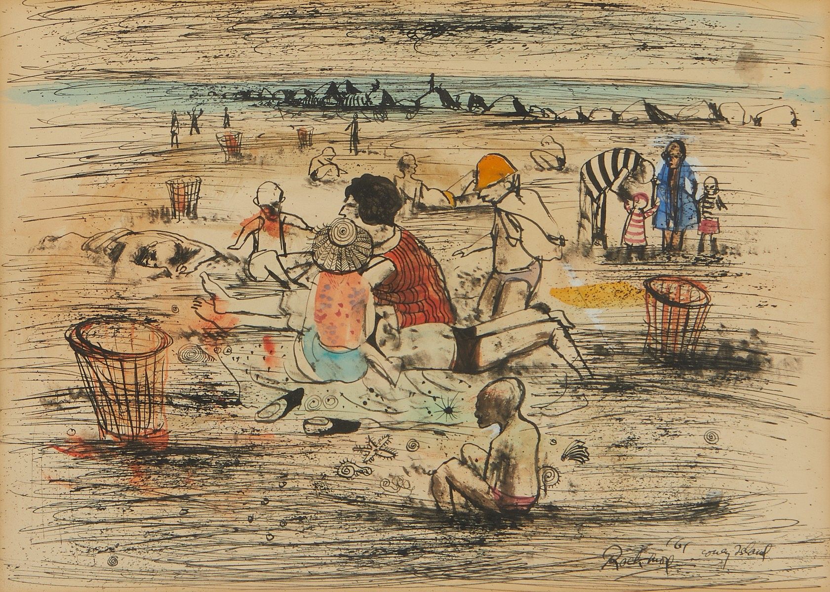 Noel Rockmore "Coney Island" Mixed Media Drawing