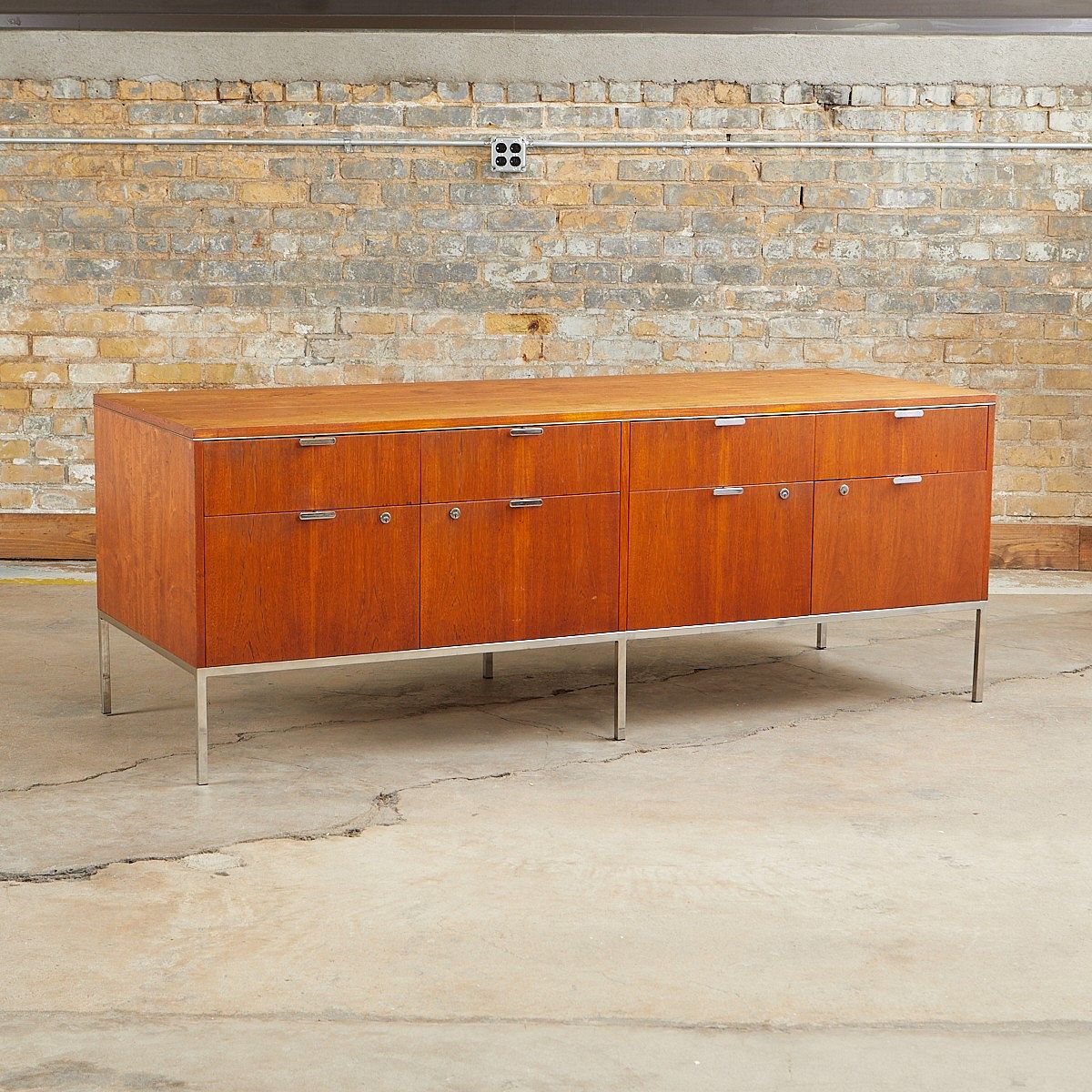 Dunbar 8 Drawer Credenza Teak, Walnut, Chrome