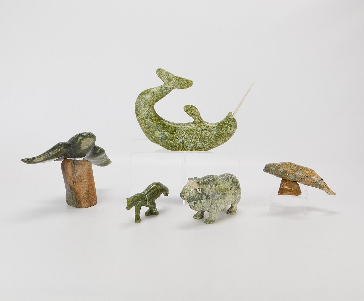 Five Inuit Carved Green Stone Animal Figurines