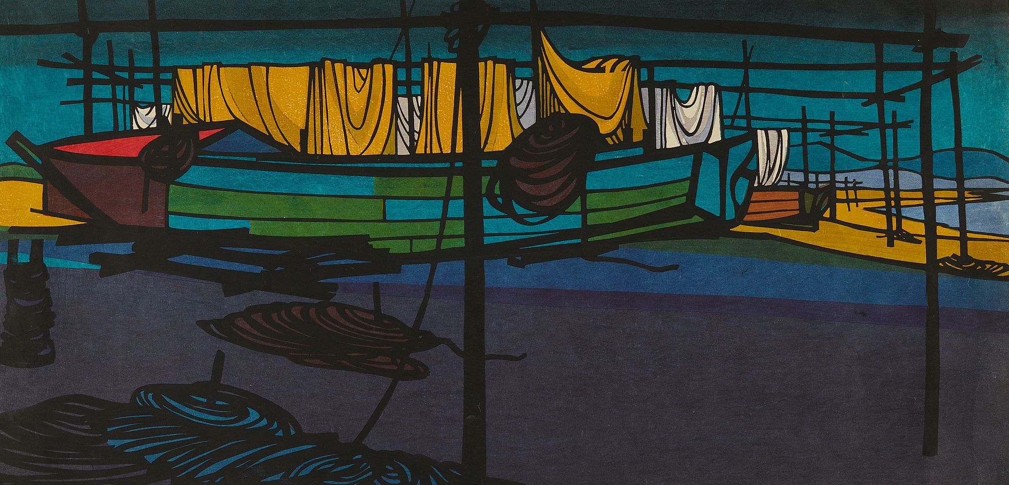 Clifton Karhu "Fishing Boats" Woodblock 1966