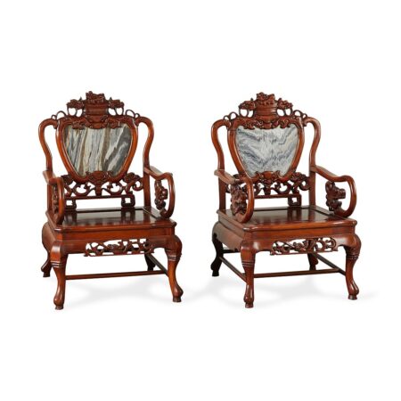 Pair of Chinese Anglo Export Armchairs w/ Marble Inset