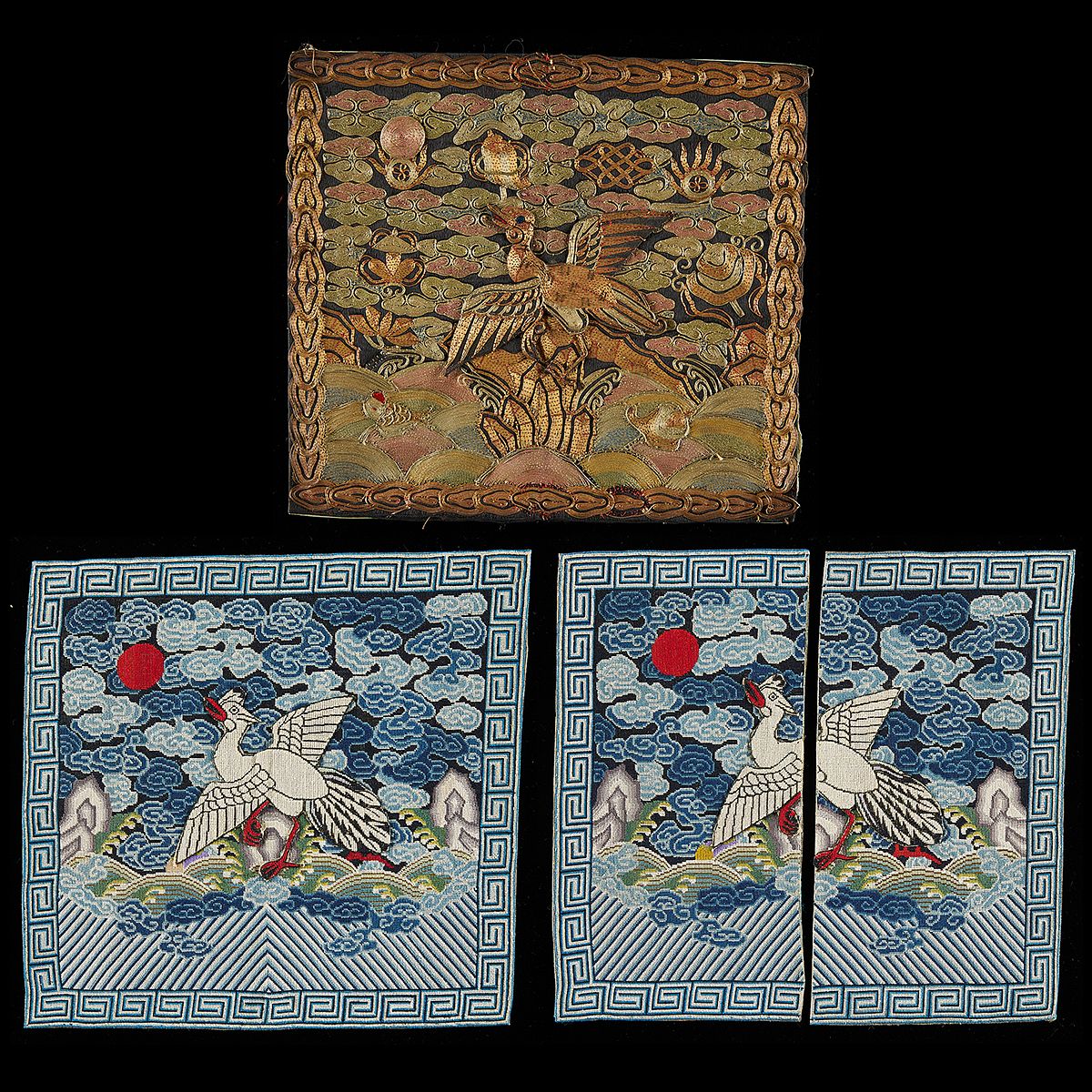 3 Chinese Silk Civil Rank Badges - 4th & 5th