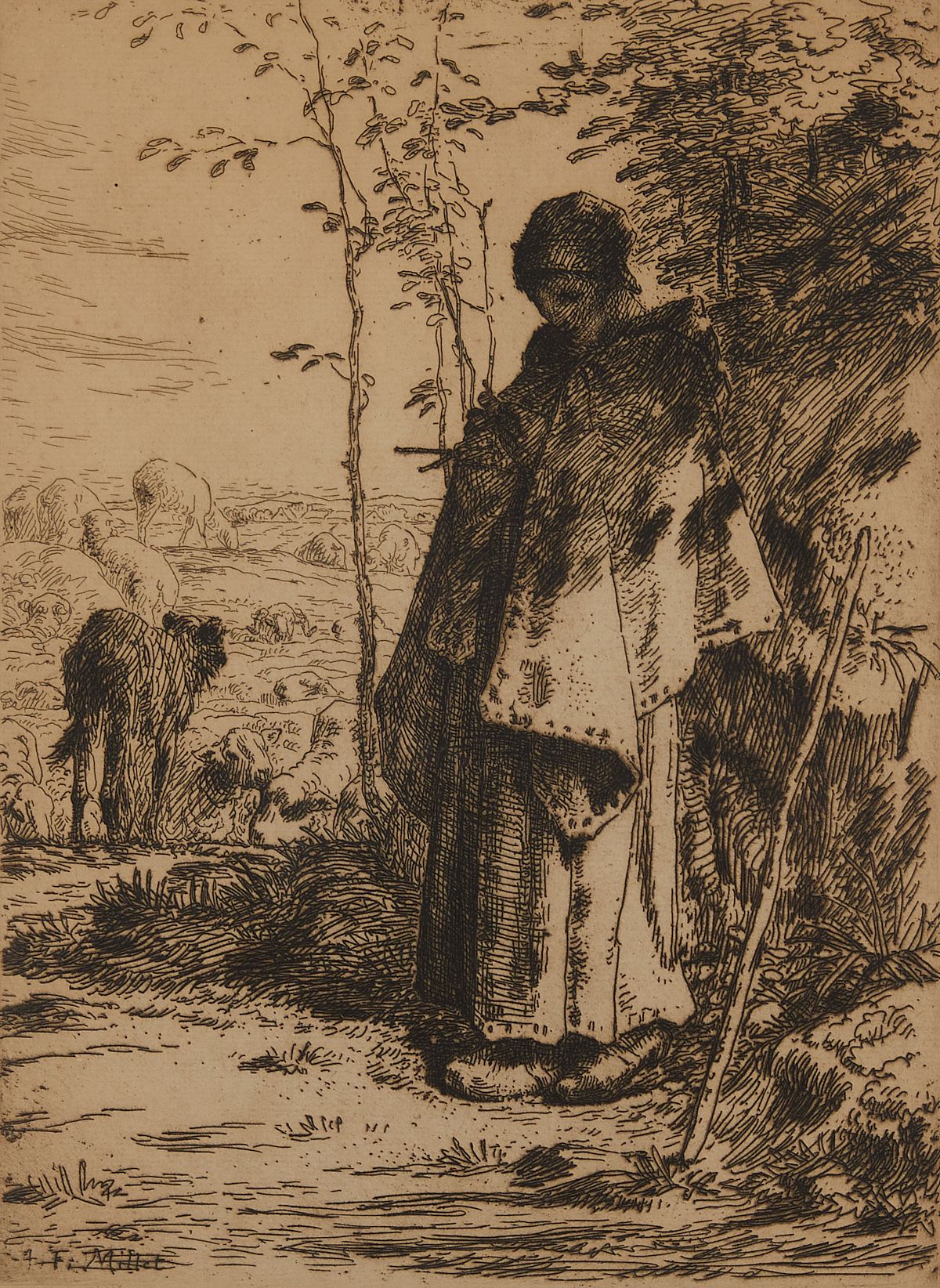 Jean-Francois Millet Shepherdess Knitting Etching