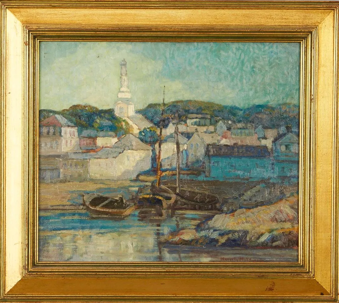 Knute Heldner Gloucester Cityscape Oil on Board