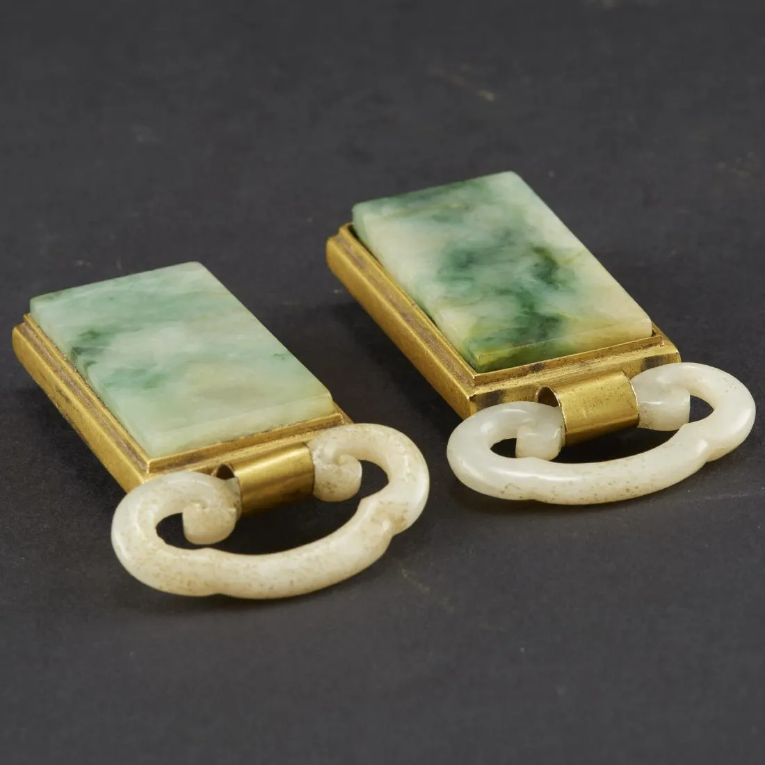 Fine Set of 19th Century White and Moss Jade Gilt Bronze Buckles