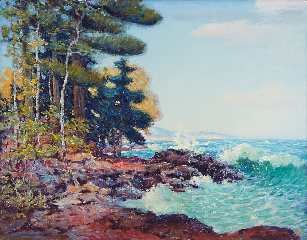 Carl Rawson Lake Superior with Trees Oil on Board