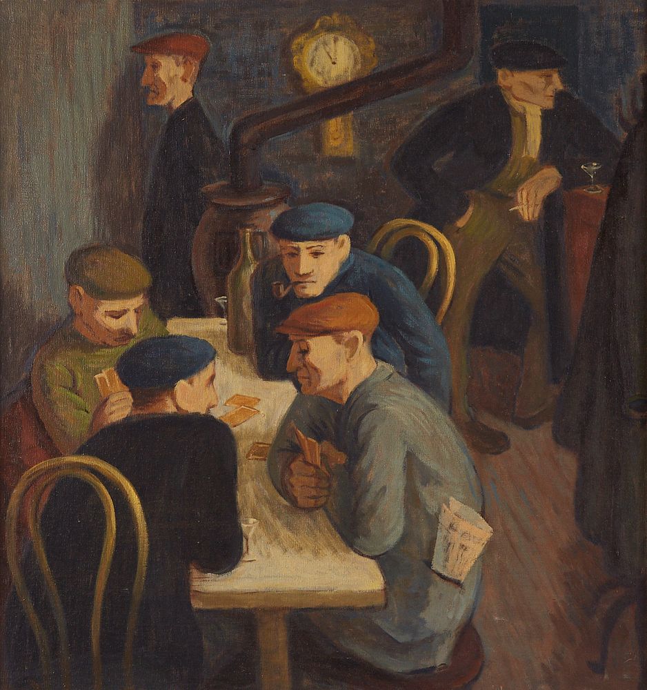 WPA Era Men in Bar Painting Oil on Board