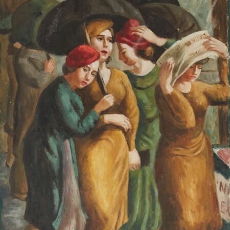 WPA Era Painting Women in the Rain Oil on Canvas