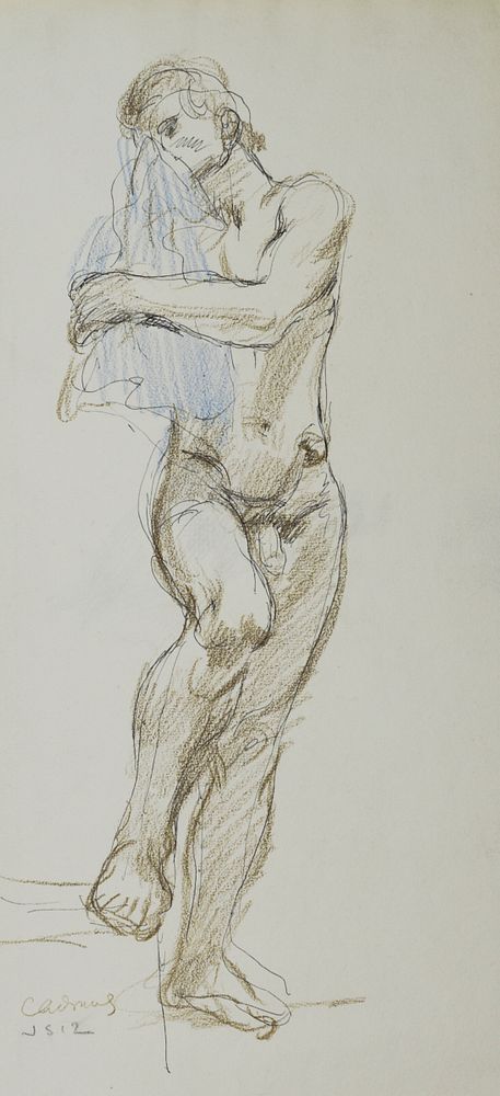 Paul Cadmus Standing Male Nude w/ Blue Cloth Crayon on Paper