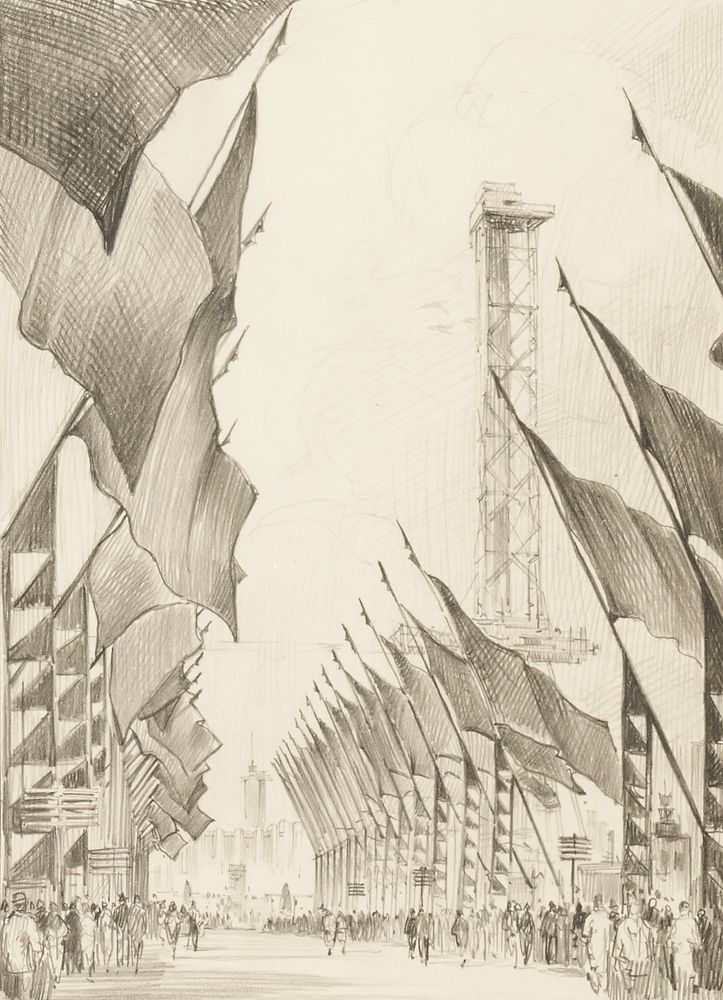 Leon Pescheret "Avenue of Flags Chicago Fair 1934" Graphite Drawing