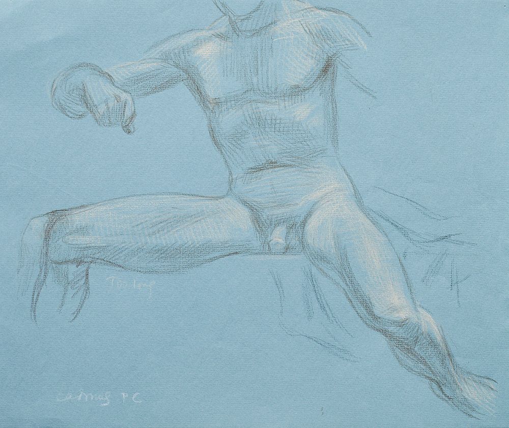 Paul Cadmus Seated Male Nude Crayon on Blue Paper