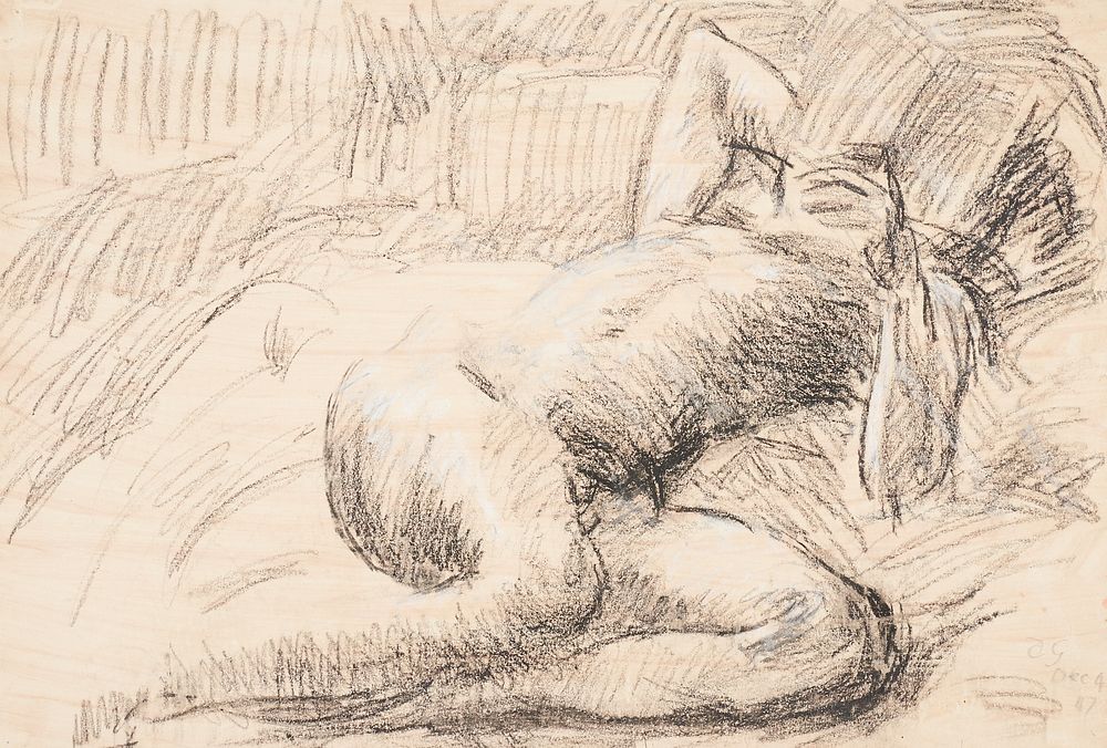 Duncan Grant Supine Male Nude Charcoal & Crayon on Paper