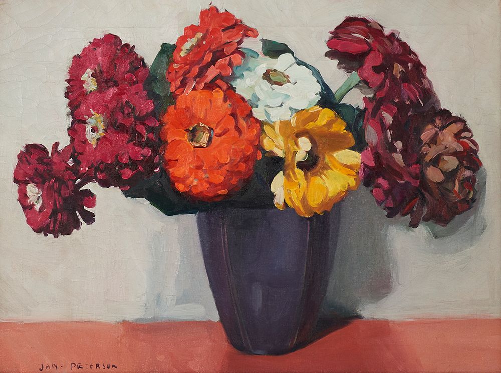 Jane Peterson "Nine Zinnias in Purple Vase" Oil on Canvas