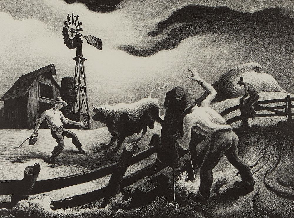 Thomas Hart Benton "Photographing the Bull" Lithograph 1950