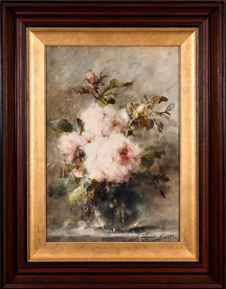 Margaretha Roosenboom (1843-1896), "Unknown (Rose Still Life)," Watercolor and Gouache Painting on Paper, 19th Cent.