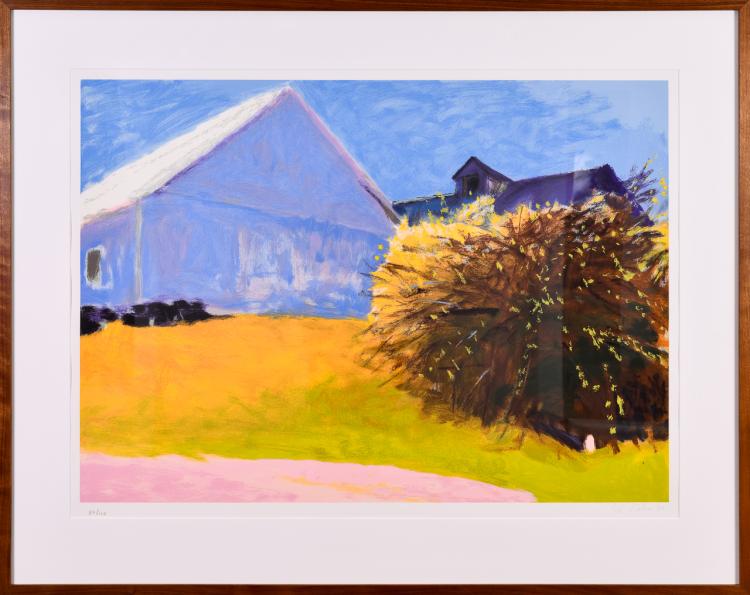 Wolf Kahn (b. 1972), "Barn and Forsythia III," Screenprint, 2003