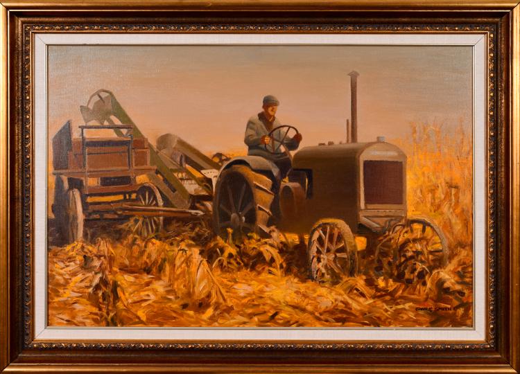 Gary Ernest Smith (b. 1938), "Chopping Corn," Oil on Canvas Painting, c. 1990