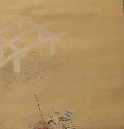 Japanese Edo Silk Scroll Painting by Kano Chikanobu of a Samurai fording a River on old Silk Brocade Matting