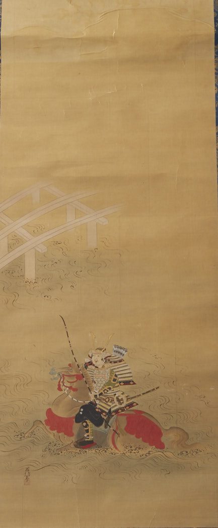 Japanese Edo Silk Scroll Painting by Kano Chikanobu of a Samurai fording a River on old Silk Brocade Matting