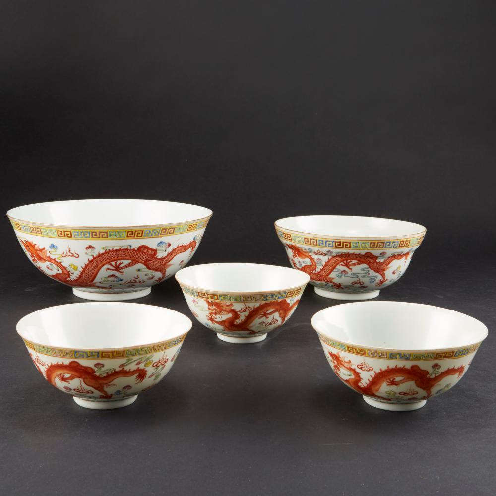 Five Guangxu Mark and Period Bowls with Dragon and Phoenix Decoration