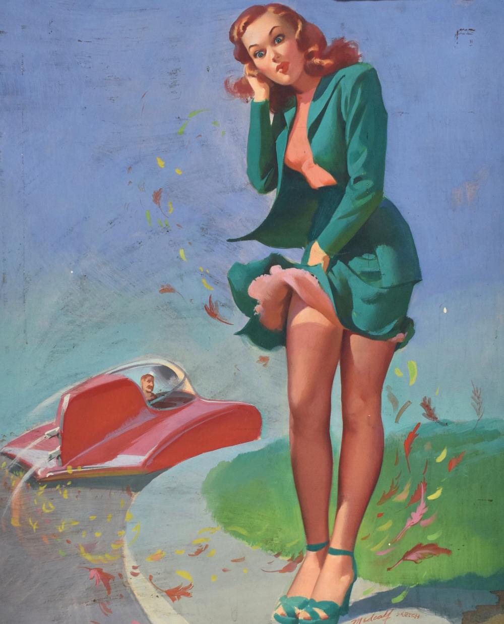 William Medcalf Pinup Painting Woman with Modern Car