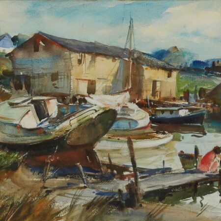 James M. Hon Sessions Watercolor Harbor Scene