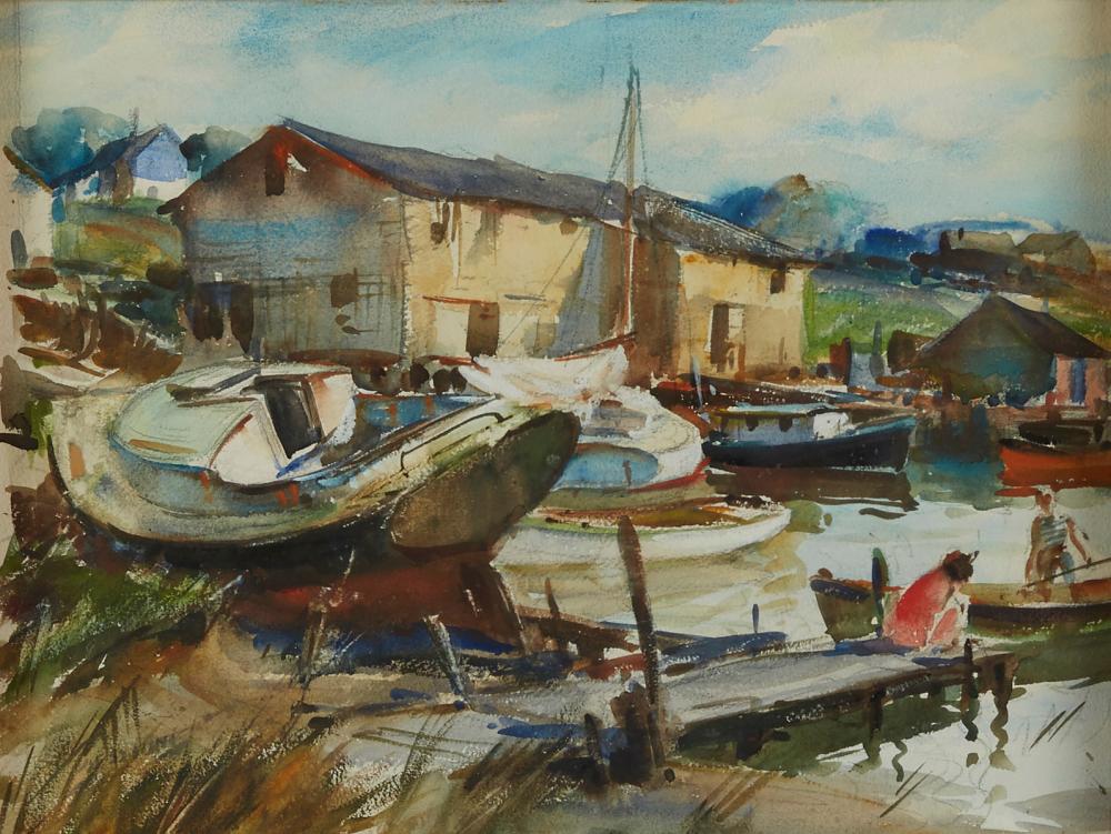 James M. Hon Sessions Watercolor Harbor Scene